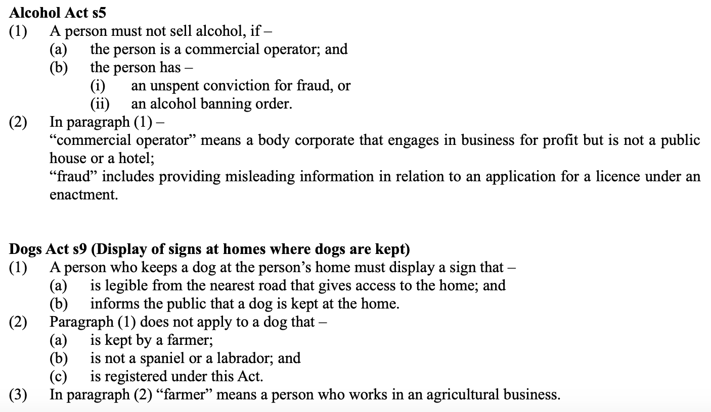 Example imaginary provisions with if-and-or-not, definitions, must and offences