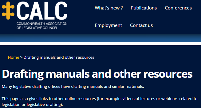 A screenshot of the drafting manuals page of the Commonwealth Association of Legislative Counsel