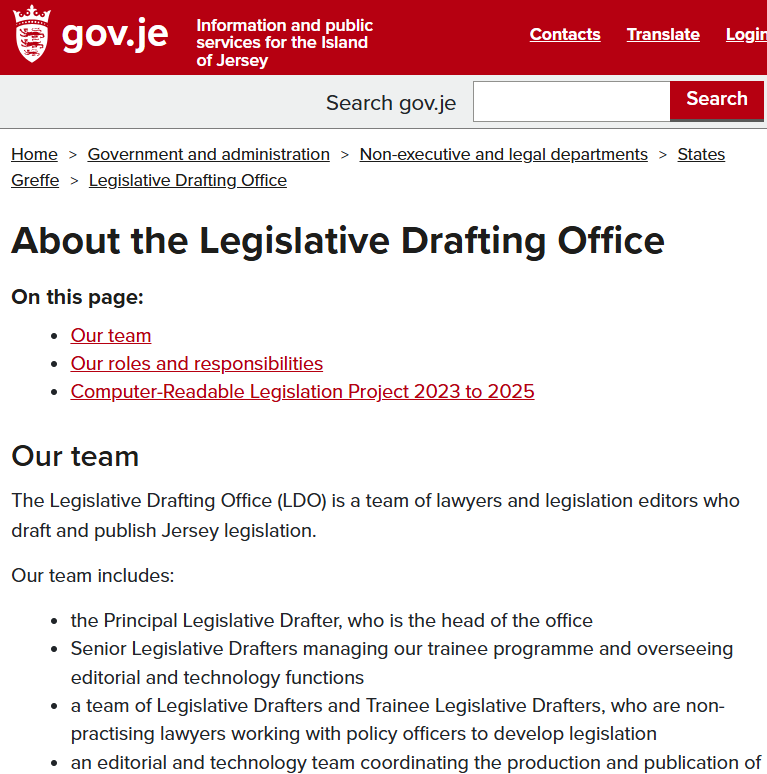 A screenshot of the webpage of Jersey's Legislative Drafting Office