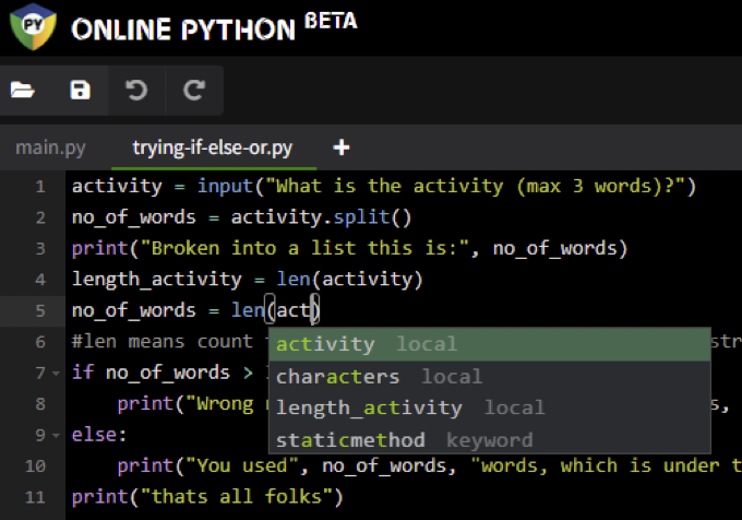 A screenshot of a Python IDE offering help to a coder